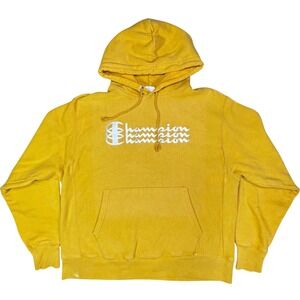 Champion Reverse Weave Hoodie Yellow Logo Pullover Sweatshirt‎ Men's Size Large